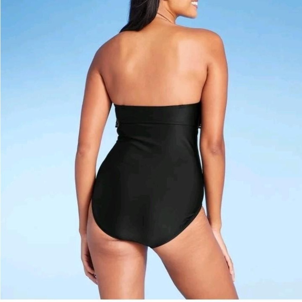 Women's Crochet Flounce High Coverage One Piece Swimsuit Kona Sol Black Size S - Picture 2 of 9